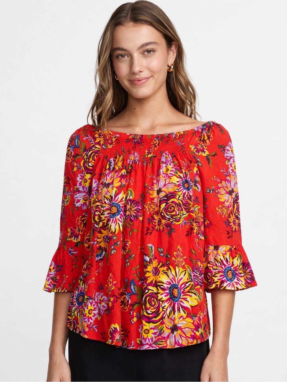 Anthropologie Red Floral Off-the-Shoulder Tunic